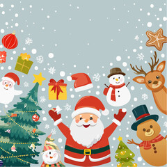Cute Christmas Cartoon Illustration – Santa, Snowman, Tree, and Festive Holiday Icons