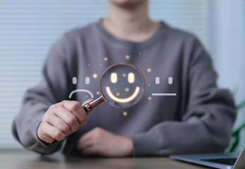 Customer Review and Satisfaction Feedback Concept. A person holds magnifying glass over glowing...