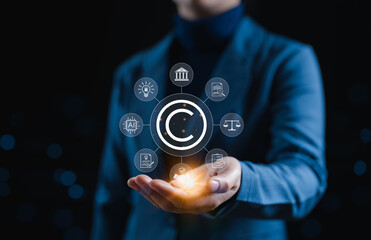 Intellectual Property and Copyright Protection Concept. Copyright icon surrounded by legal, contract, and technology symbols, representing intellectual property, patent rights, and content ownership.
