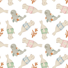 Seamless pattern with cute baby seals in striped swimsuits and coral branches – transparent PNG cartoon design for kids products, nursery decor and baby apparel