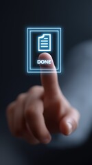 Fingertip touches a glowing digital document, signifying task completion.
