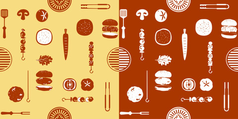 Flat vector barbecue pattern. Grilled meat, hamburger, tongs, fork, and grilling grid on a yellow and red background. Simple seamless two tone design. Perfect for food themed background print.