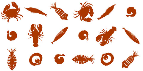Flat vector seafood pattern. Sea animals, grilled, shrimp, crab, squid, scallops, and lobster on a white background. Seamless and simple two-tone design. Suitable for print, food theme and background.