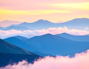 Pastel mountains and clouds at sunrise