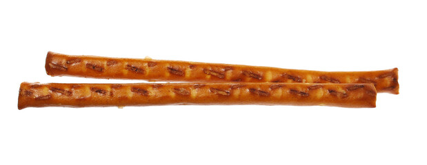 Salty cracker pretzel sticks flying isolated on white background, clipping path