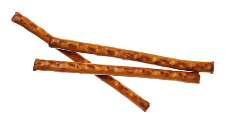 Salty cracker pretzel sticks flying isolated on white background, clipping path