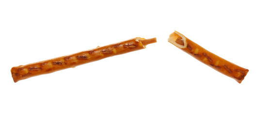 Broken salty cracker pretzel stick stuffed with peanuts flying, isolated on white background, clipping path