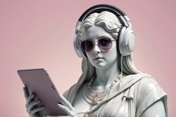 Modern art sculpture of a classical figure wearing headphones and sunglasses, engaged with a tablet device indoors