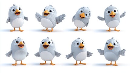 Obraz premium Cartoon bird character rendered in various poses on white background