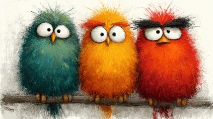 Fototapeta premium Three fluffy Birds with expressive eyes sit on a branch together