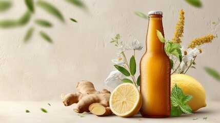 Fototapeta premium Refreshing ginger beer bottle with lemon and mint. Healthy drink concept.