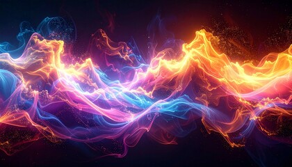 adiating clouds of glowing rainbow fog roll over flat surface, producing organic waves and sparkling motion bursts 