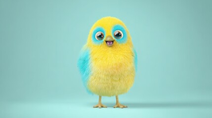 Cartoon bird with bright yellow and blue feathers standing happily