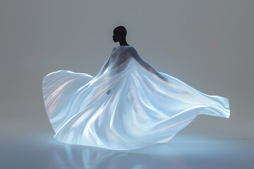 tech-fashion fusion, fashion editorial with illuminated fabrics, dreamlike backdrop, and modern sophistication