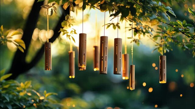 Elegant bamboo wind chimes hanging in soft sunlight with green background representing peace and natural harmony. 