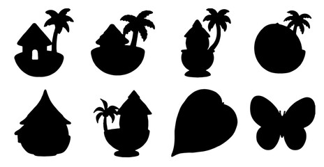 Attractive and beautiful black silhouettes featuring huts palm trees leaf and butterfly designs