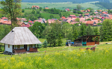 Sumuleu, Romania: old village house with horses in the yard