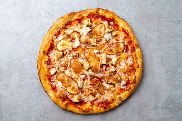 A mouthwatering pizza features a golden crust adorned with succulent chicken pieces, melted cheese, and a vibrant tomato sauce, ideal for a casual gathering with friends