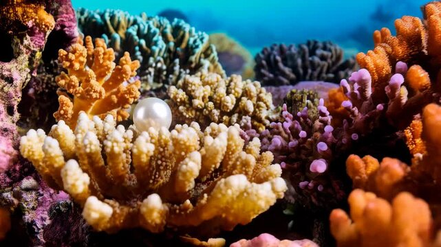 Beautiful pearl resting on vibrant coral reef in clear ocean water showing the underwater marine ecosystem and biodiversity.
