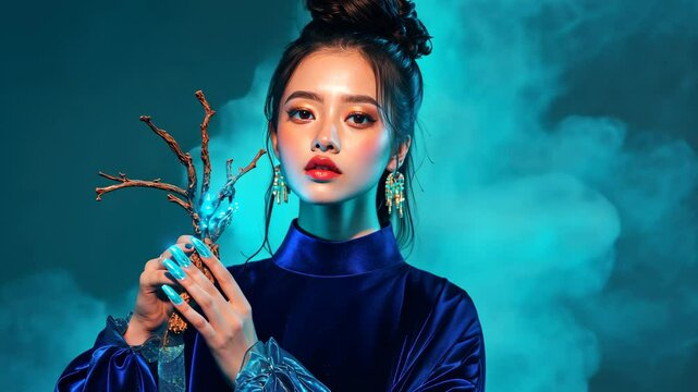 Elegant woman in blue velvet holding decorative branch amidst mystical cyan smoke