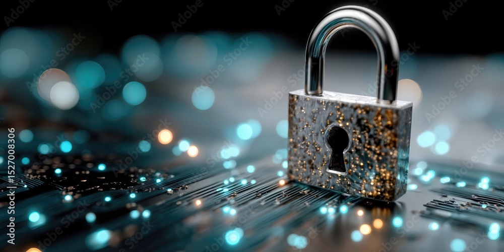 Fototapete Padlock on Circuit Board With Glowing Lights, Symbolizing Cybersecurity and Data Protection in the Age of Digital Transformation and Technological Innovation : Generative AI