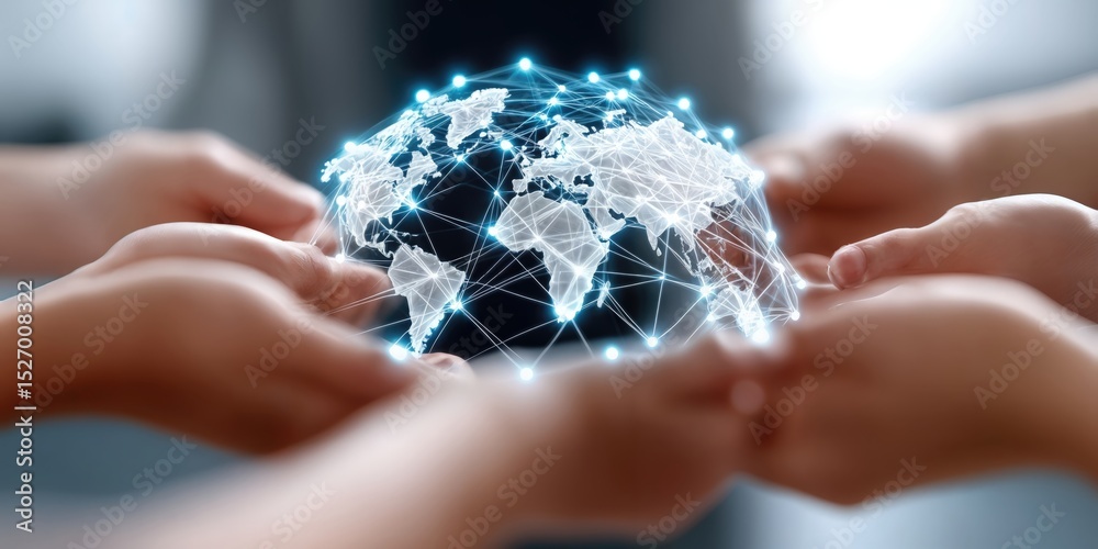 Poster Hands Holding Glowing World Network, Representing Global Connection and Digital Transformation for Business Solutions and International Collaboration : Generative AI
