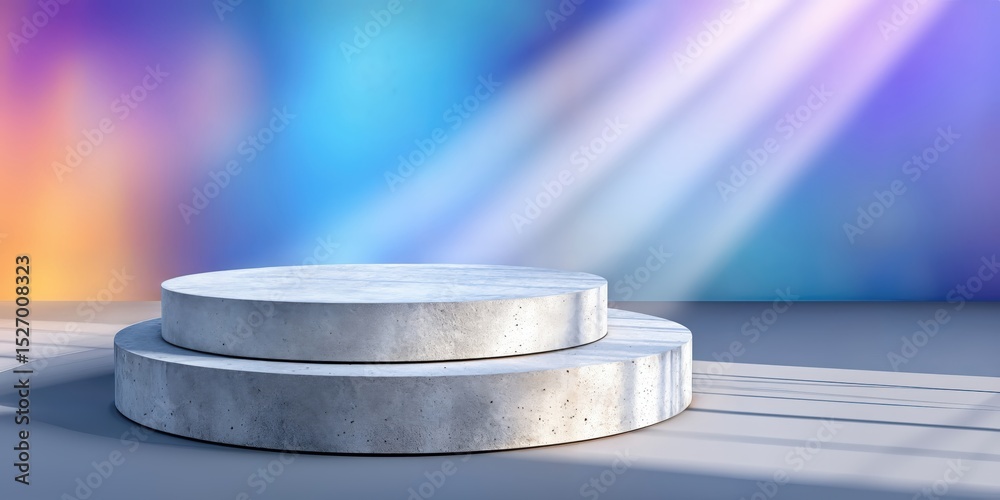 Poster two tiered concrete podium against gradient background, ideal for product placement and marketing ca