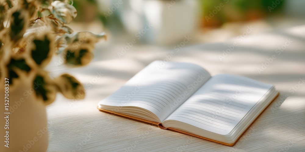 Poster open notebook on a wooden table next to a plant, representing planning and personal growth in a brig