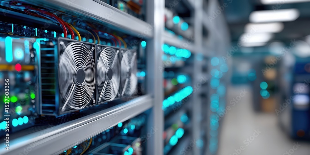 Poster Rows of Cryptocurrency Mining Servers in Data Center, Illustrating Technological Advancement and Digital Transformation in the Modern Economy : Generative AI