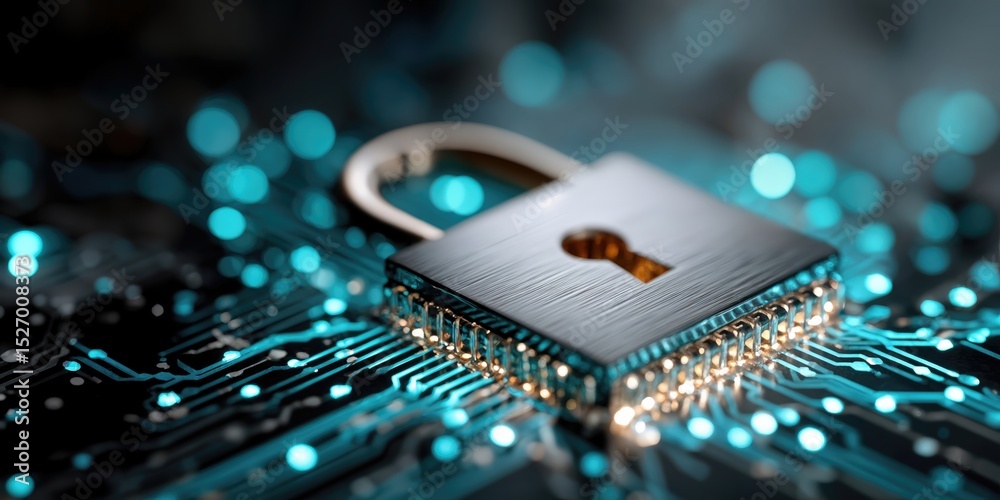 Poster Padlock on Circuit Board With Glowing Lights, Representing Cybersecurity and Data Protection for Modern Technology Solutions and Online Privacy : Generative AI