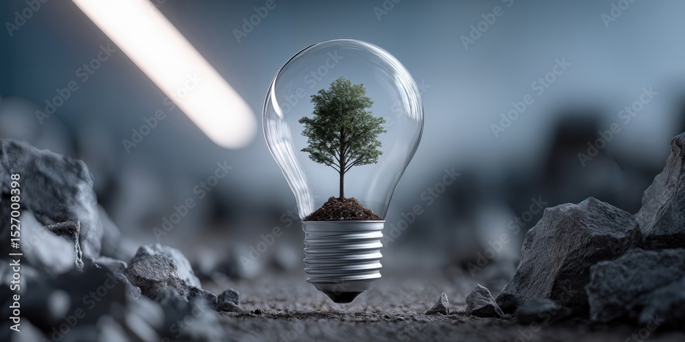 Aufkleber tree growing inside lightbulb on rocky ground, symbolizing environmental innovation and sustainable 
