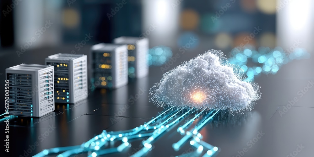 Poster Data Servers Connected to a Digital Cloud Network, Illustrating Connectivity and Technological Innovation in Cloud Computing for Business Solutions : Generative AI