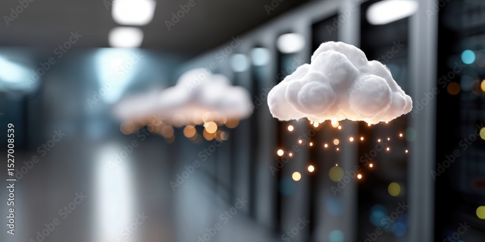 Poster Fluffy Cloud With Glowing Light Particles in Data Center, Illustrating Cloud Computing and Digital Transformation for Business Solutions : Generative AI