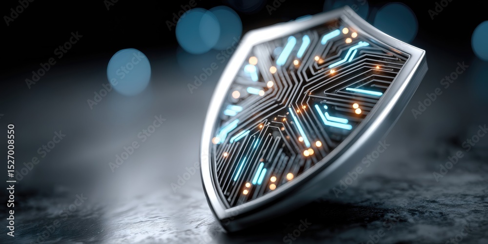 Fototapete Cyber Security Shield With Glowing Circuit Board Design, Symbolizing Data Protection and Digital Transformation in Modern Technology : Generative AI