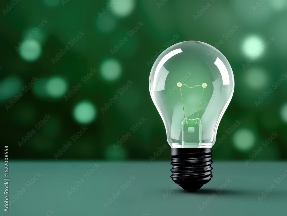 Poster Illuminated Light Bulb on Green Surface, Symbolizing Innovation and Creative Thinking in Business Strategy and Problem Solving, Representing Ideas and Solutions : Generative AI