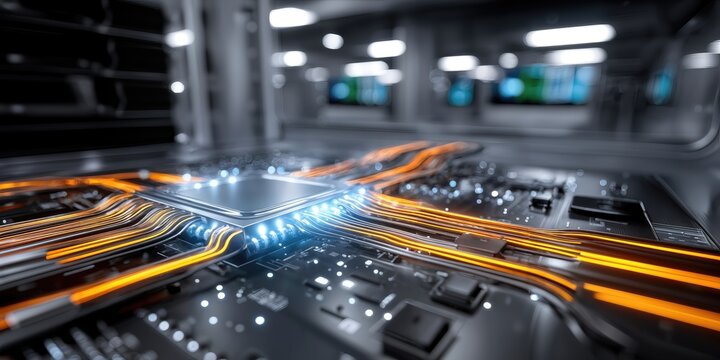 Illuminated Microchip and Cables in Server Room, Symbolizing Innovation and Digital Transformation in Technology Sector : Generative AI