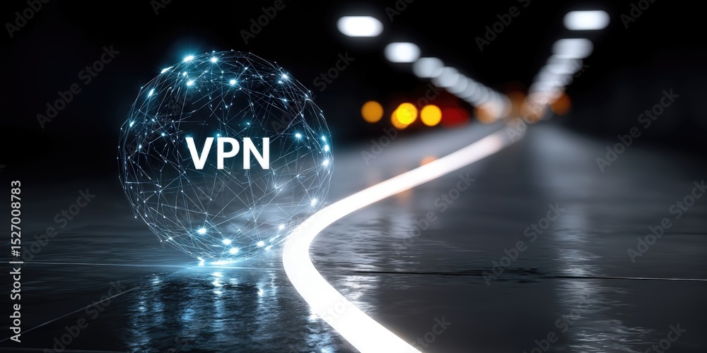 Fototapete Glowing VPN Sphere in Dark Tunnel, Representing Network Security and Data Encryption for Secure Online Transactions and Digital Privacy : Generative AI