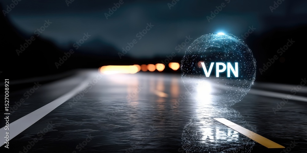 Poster vpn network globe on wet road at night, illustrating cybersecurity and data protection for online pr