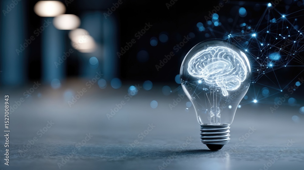 Poster Light Bulb Containing a Brain With Neural Network, Symbolizing Artificial Intelligence and Innovation in Technology Solutions for Business Growth : Generative AI