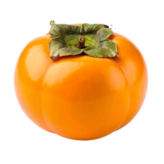 A vibrant orange persimmon with green leaves evokes autumn on the transparent background
