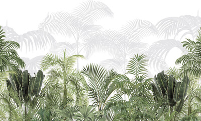 Soft Nature Wall Mural: Light Green Palms & Exotic Plants Background Design © csinie1