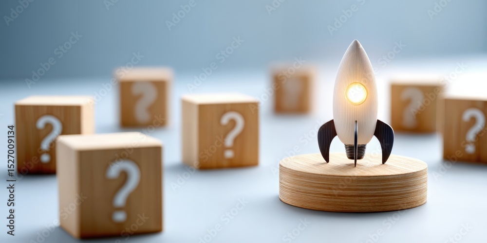 Poster Wooden Rocket Launching From Platform Surrounded by Question Mark Blocks, Representing Innovation and Problem Solving in Business Strategy : Generative AI