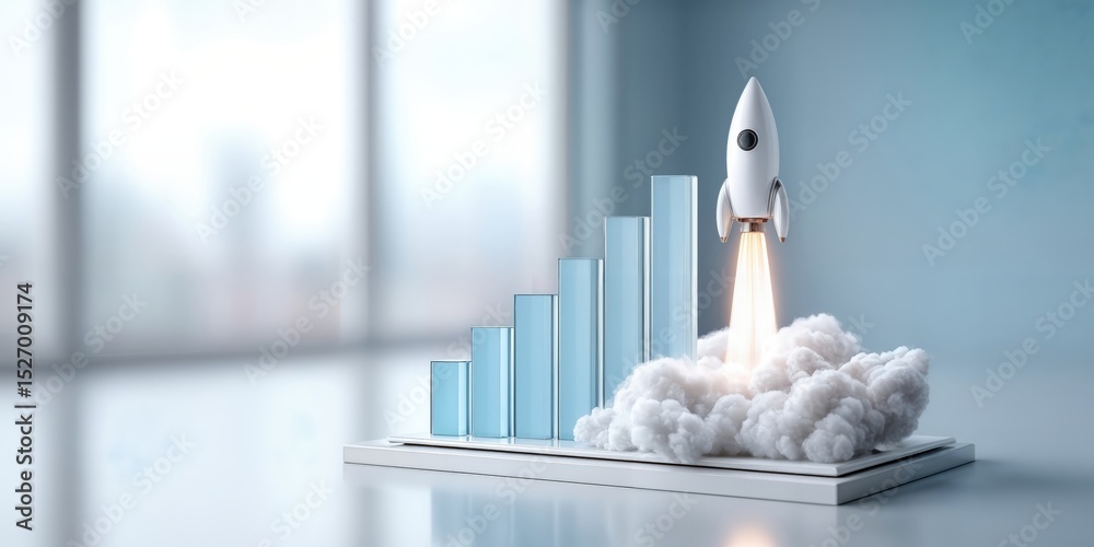 Poster rocket launching behind rising bar graph, representing business growth and startup success in the co