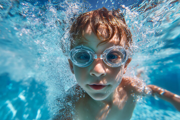Boy swimming underwater in goggles