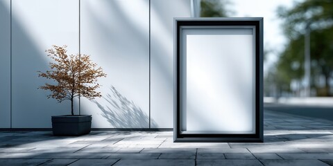 Fototapeta premium Blank Billboard Mockup Next to a Tree Against a Modern Building, Ideal for Advertising and Urban Design Projects, Offering a Clean and Minimalist Aesthetic : Generative AI
