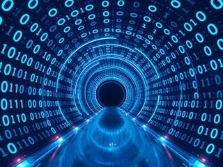 Futuristic digital tunnel of glowing binary code and flowing data streams, representing the complexity and immensity of the virtual and cyber world
