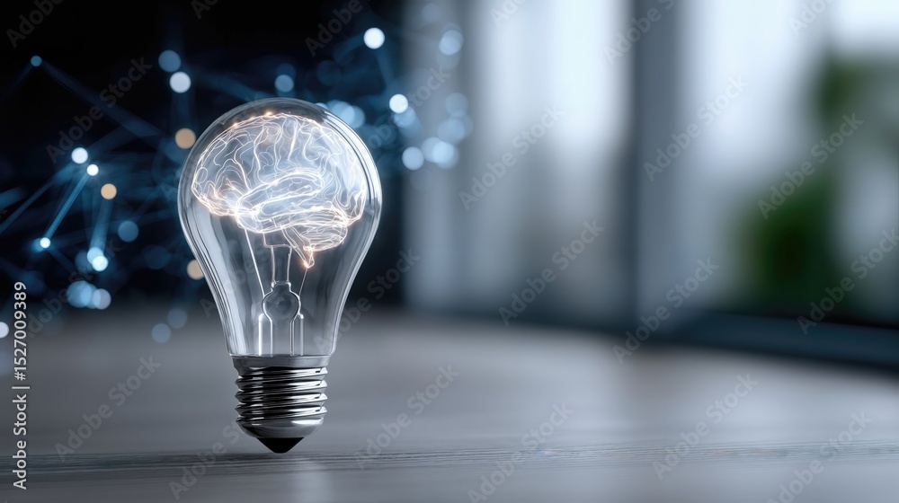 Poster Glowing Brain Inside Lightbulb on Desk, Symbolizing Innovation and Creative Solutions for Business Development and Artificial Intelligence : Generative AI