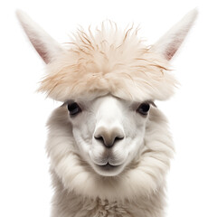 A white llama with a fluffy white hat on its head
