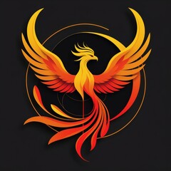 Obraz premium Fiery phoenix, wings outstretched, gold-orange design, dark background, circular motif
