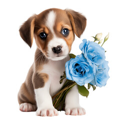 A cute brown and white puppy holding a bouquet of blue flowers
